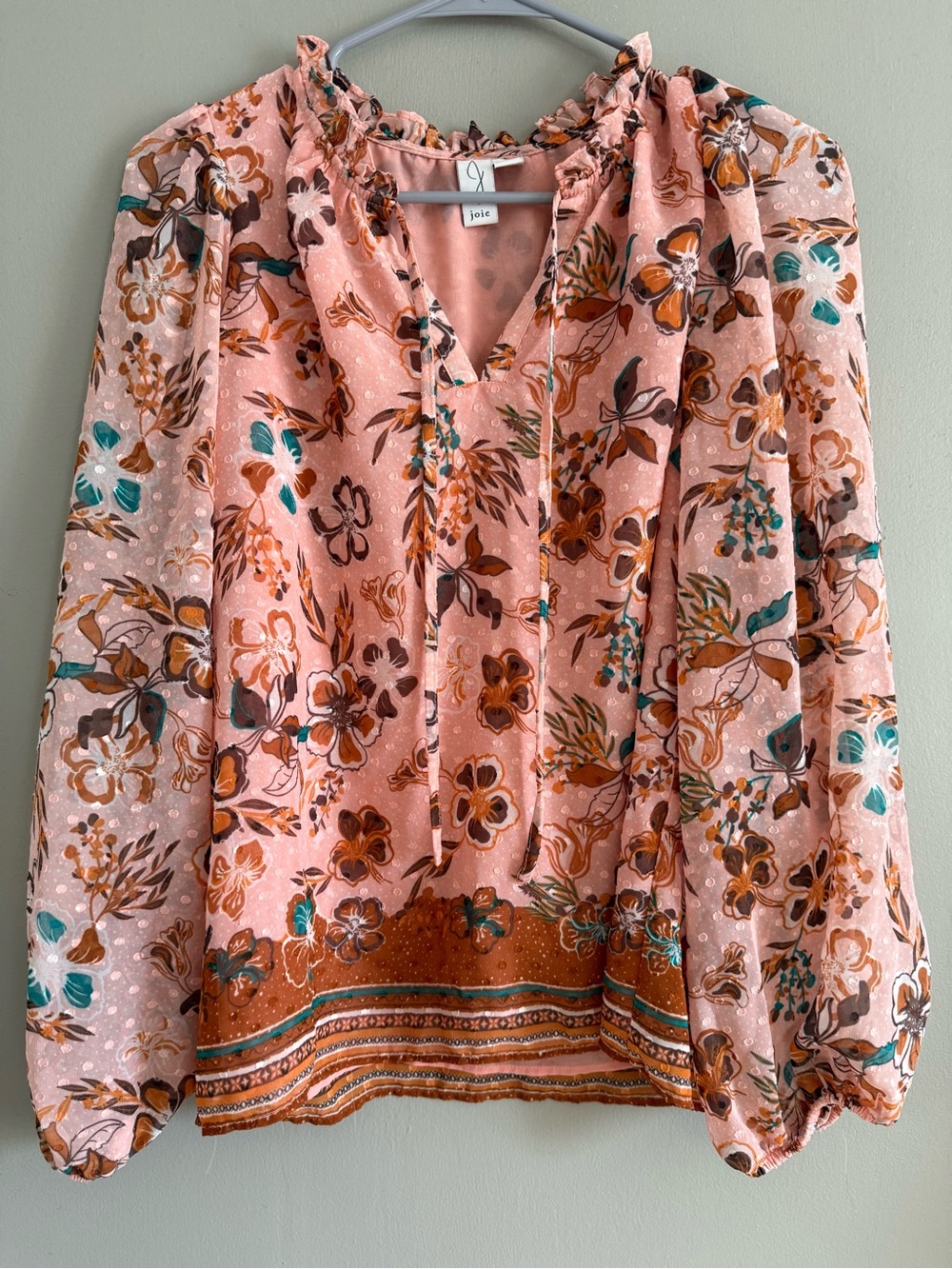 Joie Floral Swiss Dot Peasant Blouse Pink Boho Long Sleeve S/P